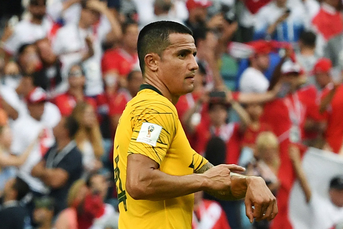 Australia's Tim Cahill looks to his family moments after the full time whistle in the Socceroos’ final group match against Peru at the FIFA 2018 World Cup in Sochi, Russia. 
